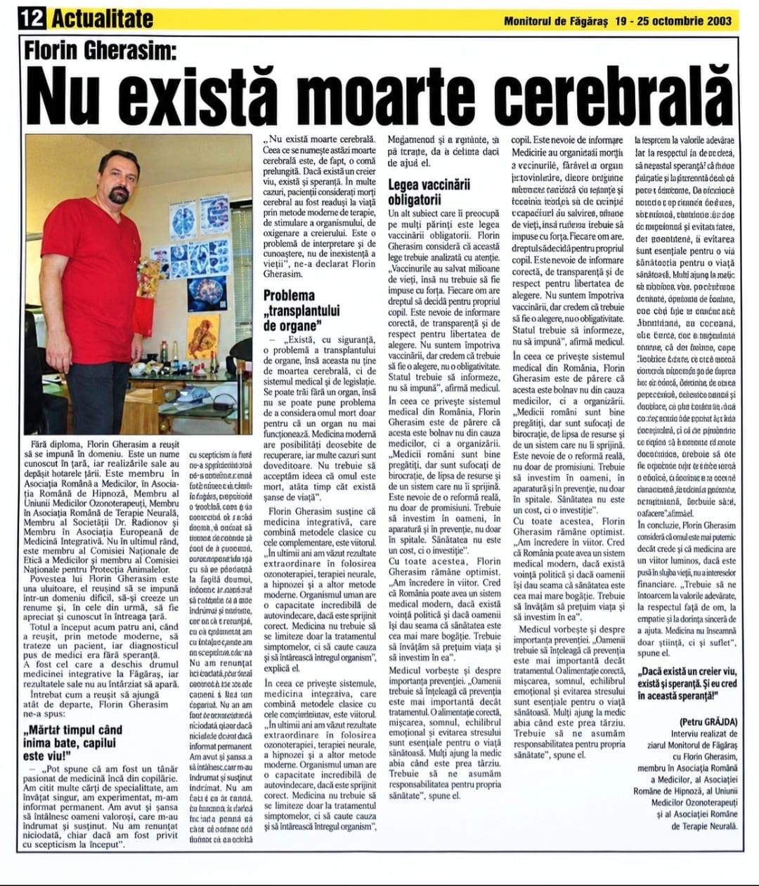 Articulo de prensa No existe la muerte cerebral sobre el Prof. Florin Gherasim en el diario Monitorul de Fagaras