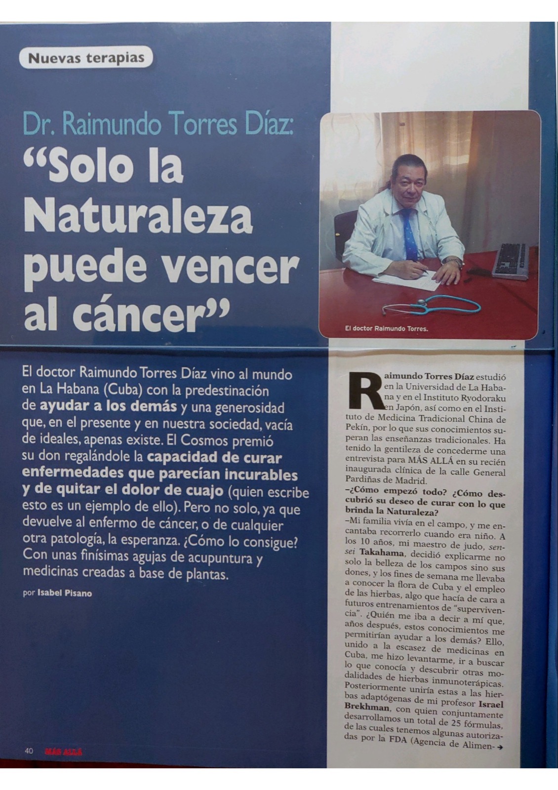 Más Allá, página 40: titular «Solo la Naturaleza puede vencer al cáncer», por Isabel Pisano