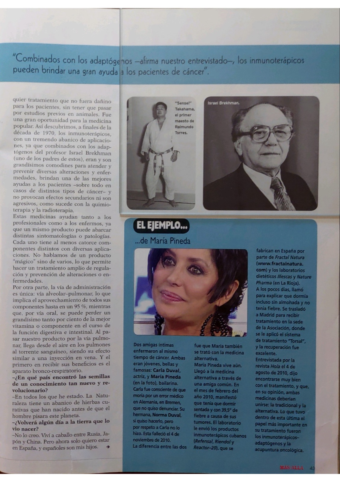 Más Allá, página 43: los inmunoterápicos combinados con los adaptógenos; el ejemplo de María Pineda